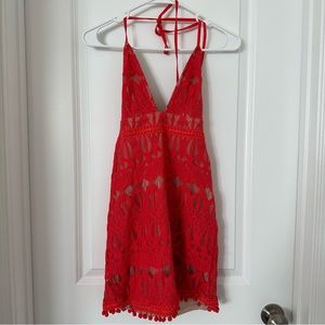 Red lace halter minidress